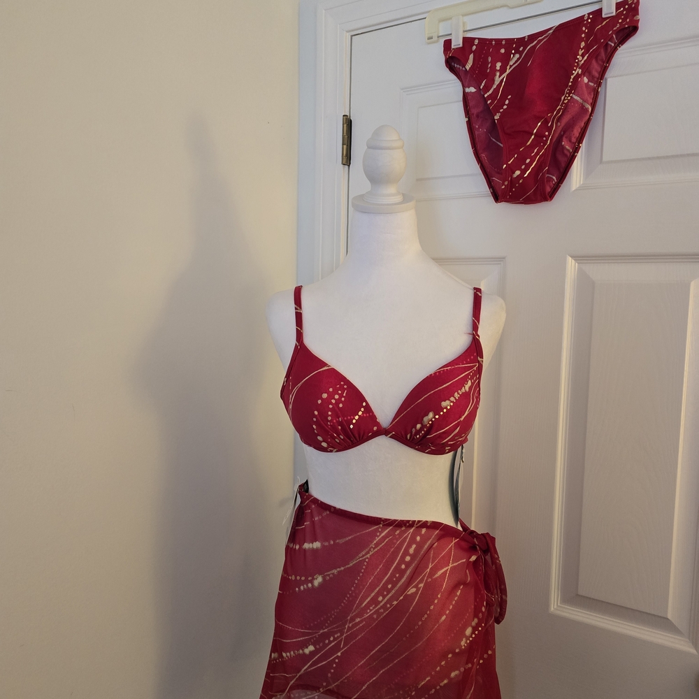 Athena Collection 3 Pc Swimwear Red/Gold Shimmering 3pc Sz. (10)/Skirt (M)